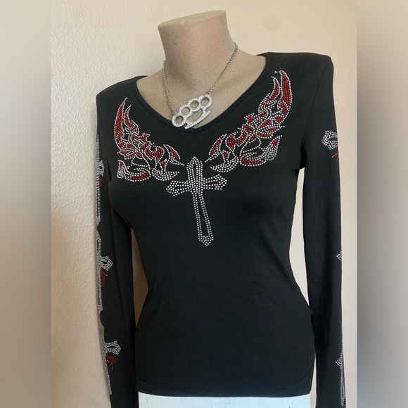 Tops - Black Long-sleeve Top with Red & Silver Rhinestones Cross & Wings Design